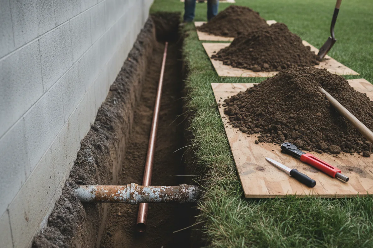 Excavated water line trench during Water Softener Installation in New Albany